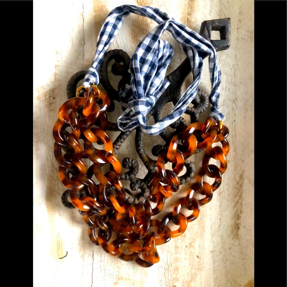 J.Crew tortoise necklace with gingham fabric